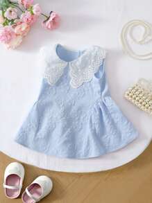 SHEIN Elladie kids Baby Girls Sweet Princess Lace Peter Pan Collar Sleeveless Solid Pink Casual Dress, Summer - Blue - View 3