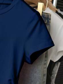 INAWLY Women's Fashionable Minimalist Versatile Owl Pattern Printed T-Shirt, Suitable For Summer - Navy Blue - View 4