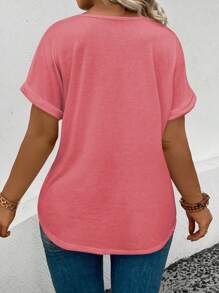 SHEIN LUNE CURVE Áo thun nữ tay ngắn cổ chữ V dáng rộng thoải mái, đa năng, cỡ lớn, mùa xuân/hè - Màu Hồng  Dưa hấu - Xem 2