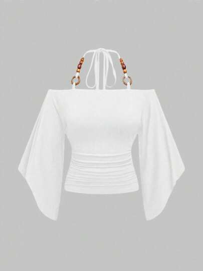 Hippie Vintage Loose Off Shoulder Wooden Bead Decoration Batwing Sleeve Women T-Shirt