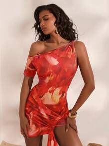 Opulessa Vestito estivo da data, nuova moda per ragazze in vacanza, scollo asimmetrico, con laccio e nastro, abito corto da donna con stampa multicolore, abito da donna per festival musicali e feste, abito estivo da spiaggia per le vacanze, abito per il ritorno a scuola, vestito molto semplice, vestito da ufficio, vestito old money, vestito da insegnante, vestito da appuntamento, abito della stagione dei matrimoni, abito per il pomeriggio del tè con la migliore amica, abito per uscire al festival di musica