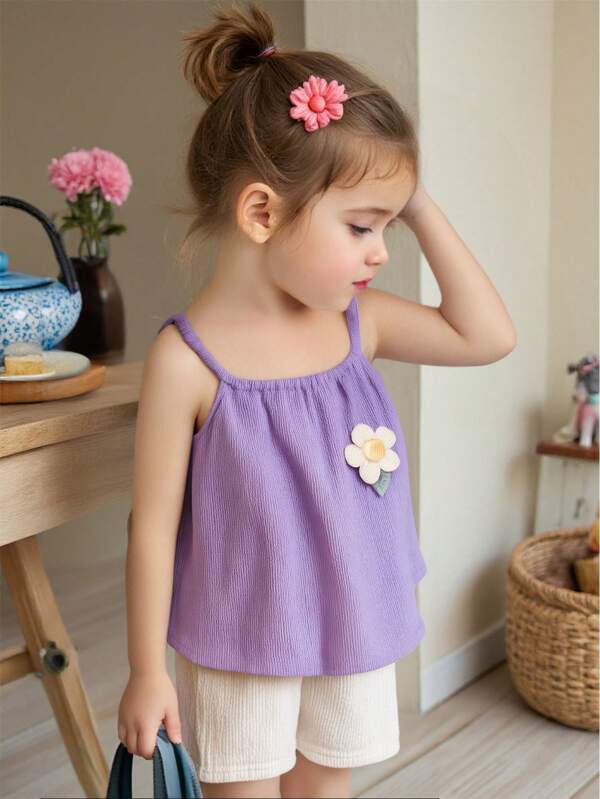 2pcs Baby Girls Summer Floral Vest Tank Top And Shorts Set, Simple & Fashionable