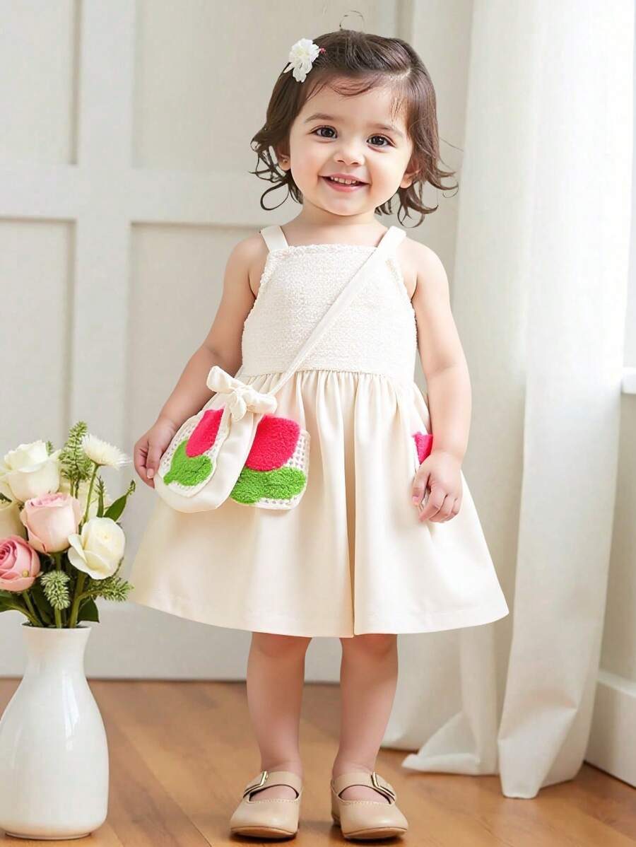 Baby Girls 2025 Summer New Embroidery Strap Dress + Strawberry Embroidery Fake Pocket Design - White - View 1