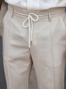 Manfinity Homme Pantalones rectos relajados para hombres con cintura con cordón y bolsillos laterales, pantalones de lino para hombres - Beis - Ver 4