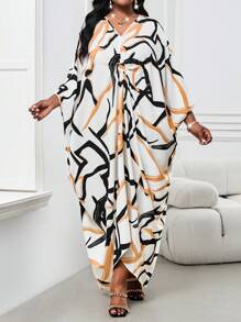 SHEIN Lady Plus Size Elegant Commuter All-Over Print Batwing Sleeve Dress - Multicolor - View 4