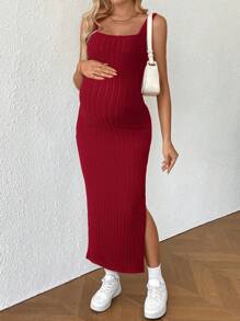 SHEIN Vestido de playa ajustado sin mangas con detalle de nudo en la espalda y color liso para embarazadas
