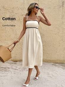 SHEIN Frenchy Women's Holiday Casual Contrasting Trim Spaghetti Strap Midi Dress,Summer Dresses For Women