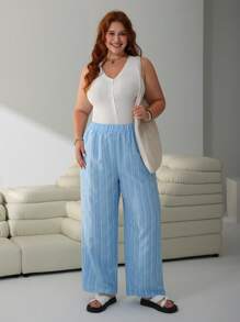 SHEIN EZwear Pantaloni a gamba ampia a righe blu e bianche in taglie grandi, adatti per la primavera/estate