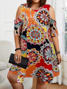 Breezaya Plus Size Hollow Out Shoulder Round Neck Casual Vacation Printed Dress - Multicolor - View 3