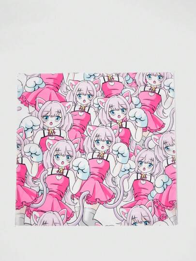 Anime 1 pieza Pañuelo cuadrado pequeño con estampado de gato y orejas de gato, accesorio versátil con elemento de campana, pañuelo creativo de múltiples usos