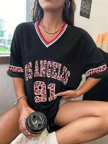 Flirla Los Angeles Leopard Print English Numberic Graphic Relaxed V-Neck Plus Size T-Shirt - Multicolor - View 3