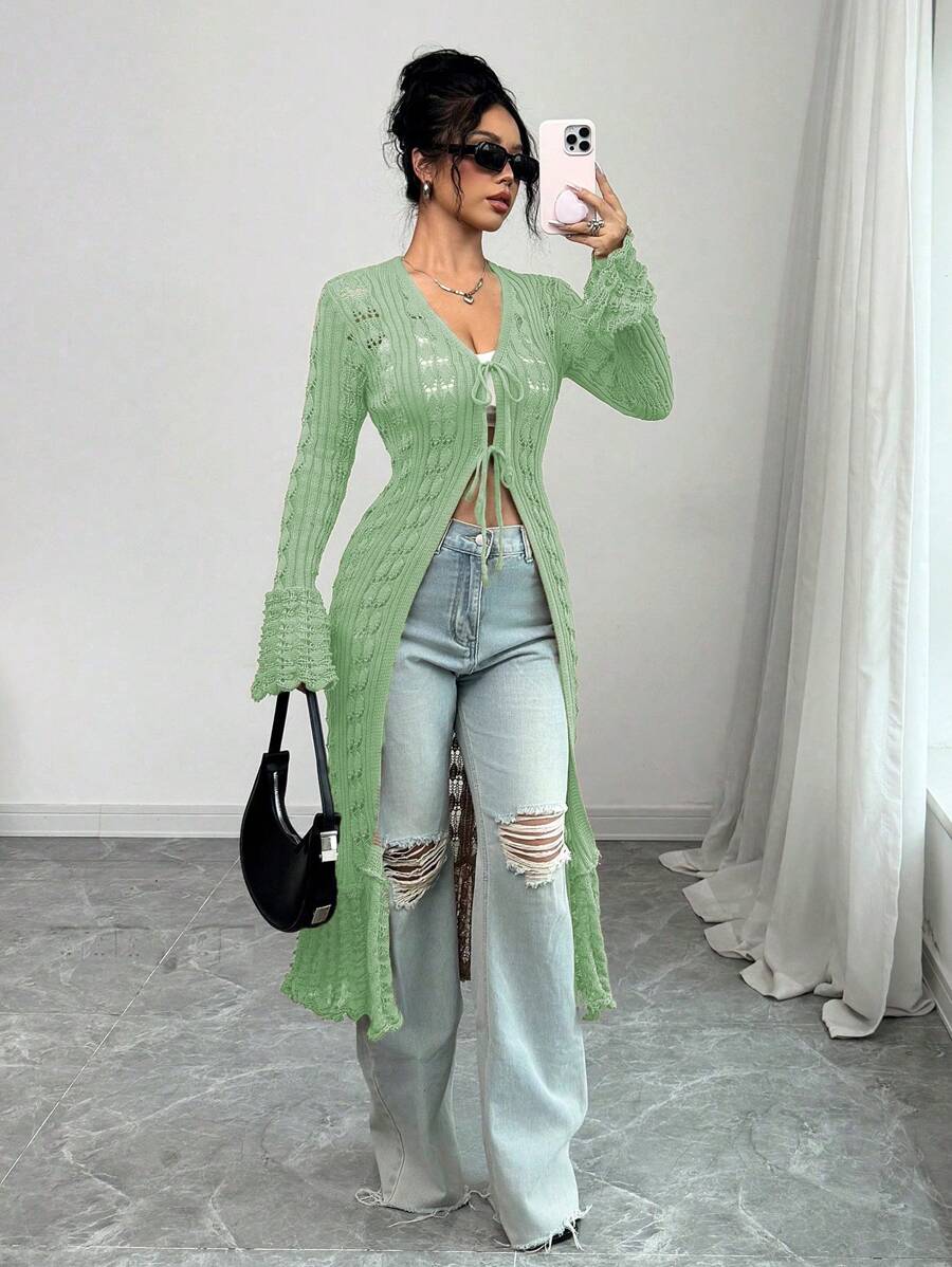 Chiquease 女士休闲修身V领喇叭袖长款开衫，棕色，春秋季 - 薄荷綠 - 查看 1