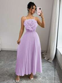 Rafferiza French Elegant Floral Decor Waist Pleat A-Line Dress, Yellow Color, Suitable For Daily Wear & Party, Women, Spring/Summer - Mauve Purple - View 4
