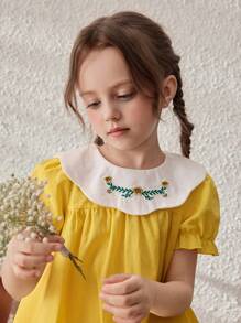 Blossori Young Girl's Countryside Vacation Embroidered Contrast Color Ruffle Neck Puff Sleeve Dress - Multicolor - View 6