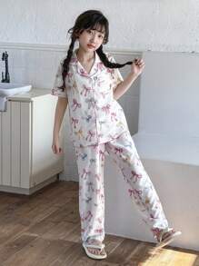 SHEIN Tween Girl Cartoon Colorful Bow Print Collared Button Down Short Sleeve Loose Woven Pajama Set, 2pcs - Baby Pink - View 4