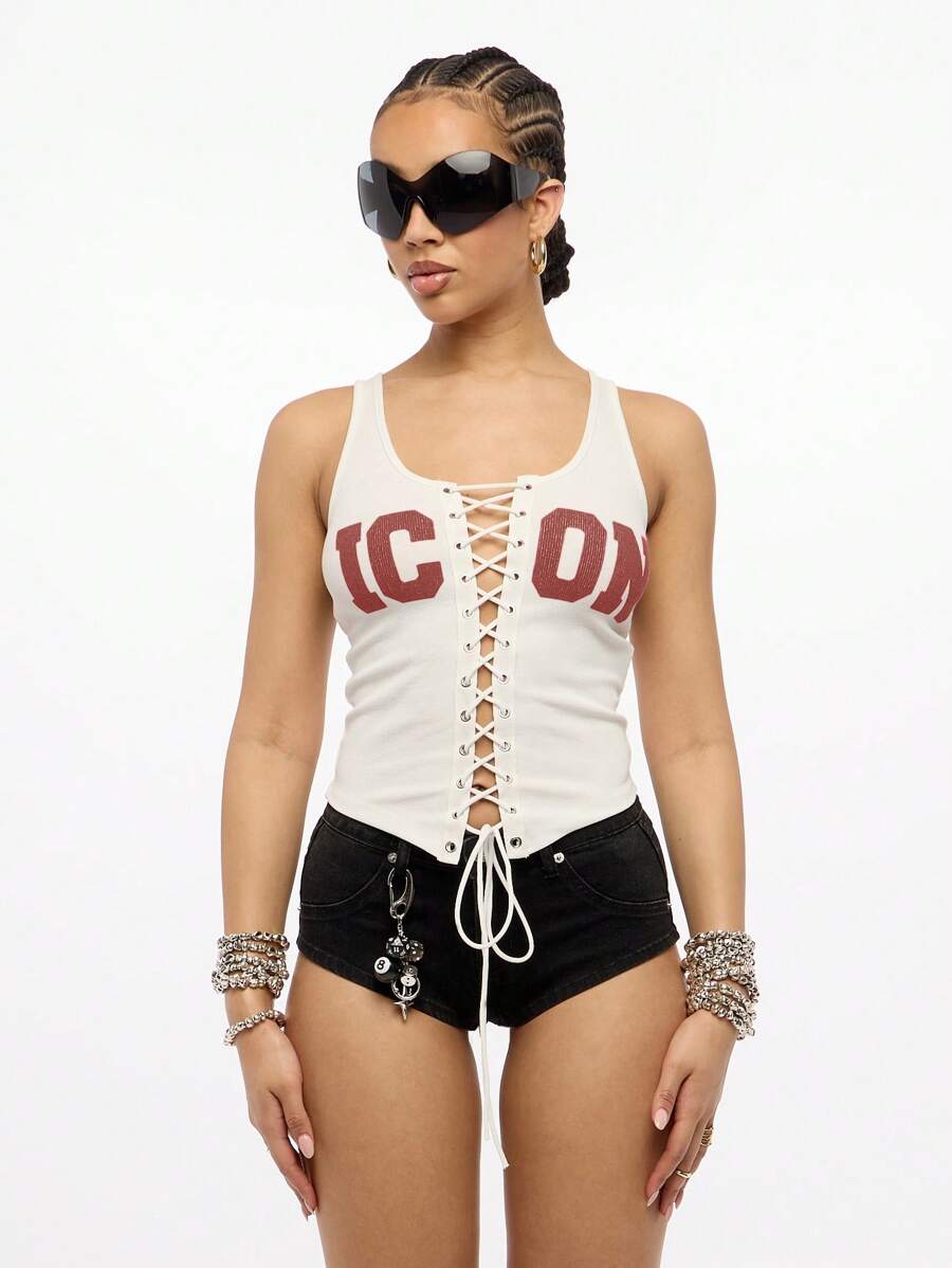 SUMWON WOMEN 系带罗纹背心图标图案印花混纺无袖紧身胸衣前部休闲夏季节日上衣