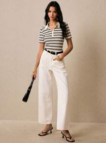 Poéselle Damen Gestreiftes Polokragen Kurzarm Lässig T-Shirt, klassisches schwarz-weißes gestreiftes Kurzarm Polohemd, modisches schwarz-weißes Damen Polohemd, Old Money Poloshirt, Poloshirts für Frauen