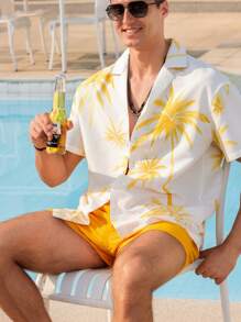 Manfinity VDAYZ Men's Tropical Print Shirt & Shorts Beach Set - Yellow - View 8