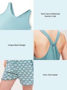 LUVLETTE Weiches Baumwoll Blau Urlaubs Quasten Saum Basis Trägerhemd & bedruckte Shorts Damen Loungewear luftiger Pyjama Set Urlaubs Lingerie als Oberbekleidung