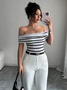 Chiquease 女式露肩条纹连体衣 - 白色 - 查看 7