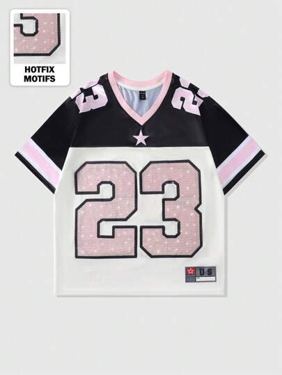 Prep Men's Rhinestone Pattern Short Sleeve Sports T-Shirt, Mesh Fabric Patchwork, 2000s Style