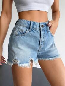 EURMUSE Casual Bleashed Ripped Raw Trim Denim Shorts - Medium Wash - View 4