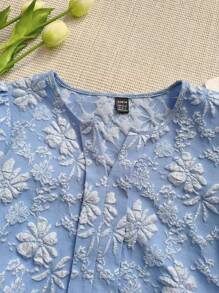 SHEIN LUNE 蓝色优雅开领提花泡泡袖上衣衬衫，夏季欧洲复古风趣味衬衫可爱夏季上衣优雅休闲 - 藍色 - 查看 4