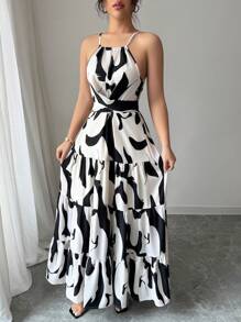 Chiquease Fashionable Sleeveless Waist Defined Floral Print Long Dress For Holiday - Black - View 5