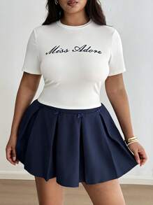 Flirla 2 pièces/Set T-shirt col ras-du-cou ajusté avec impression de lettre + Jupe plissée douce - Multicolore - Voir 2