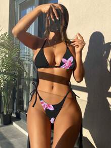 SHEIN Swim 2025 Floral Print Halter Bra & Tied Side Briefs Bikini Set - Black - View 1