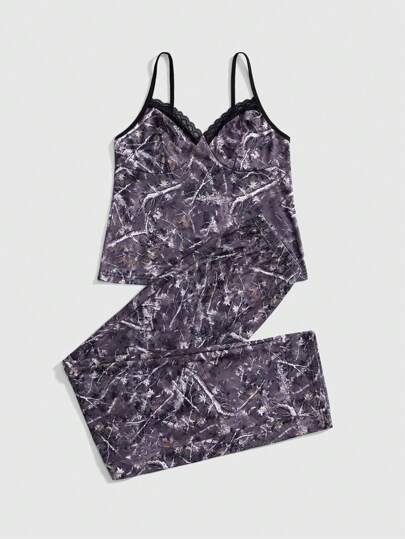 Dark Gothic Camouflage Branch Print Camisole And Lounge Pants Pajama Set