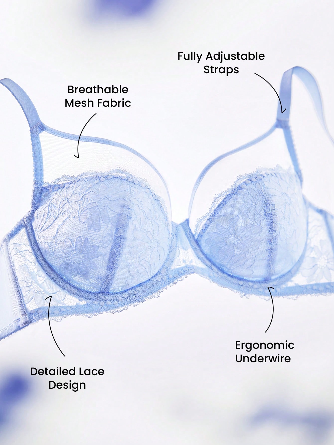 Weiche Damen Lingerie Lounge Kurven transparente Volldeckung mit Unterstützung & atmungsaktiv Unterbügel Sexy ungepolsterter Minimizer Spitze Eleganz & Mesh blauer BH Braut Wäsche