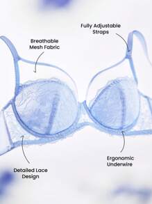 LUVLETTE Soft Woman Lingerie Lounge Curve Sheer Full Coverage Support&Breathable Underwire Sexy Unlined Minimizer Lace Elegance & Mesh Blue Bra Bridal Intimates