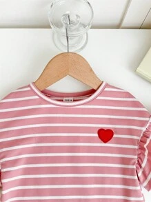 SHEIN Babygirl Cute Knitted Striped Heart Pattern Short Sleeve Dress, Spring/Summer - Pink - View 6