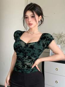 DAZY Women Ruched Square Neck Floral Print Short Sleeve Top Cute Tops Going Out Tops - Green - View 4