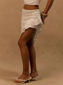 MUSERA 亮片针织低腰不对称荷叶边中长裙，适合夏季度假、伊比沙岛、海滩、白色岛屿等场合，适合派对、情人节、优雅的春季假日 - 白色 - 查看 3