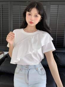 DAZY Women's Ruffle Hem T-Shirt,Crop Tops Women - White - View 2