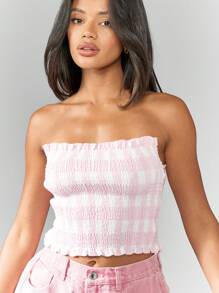 MISSGUIDED Shirred Bandeau Crop Top Smocked Summer Festival Stretch Strapless Beach Casual Vacation Resort Party Club Everyday Essential - Multicolor - View 5