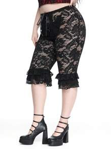 ROMWE Grunge Punk Gothic Lace Sexy & Romantic Ball Gown Cake-Shaped Skirt, Layered & Bow Decor, Sheer Tie Waist, Plus Size Black Leggings, For Graduation Season - Black - View 6