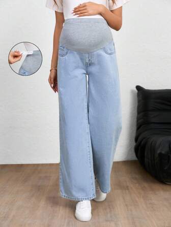 SHEIN Maternity Jeans, Solid Color, Fashion Suitable For Summer