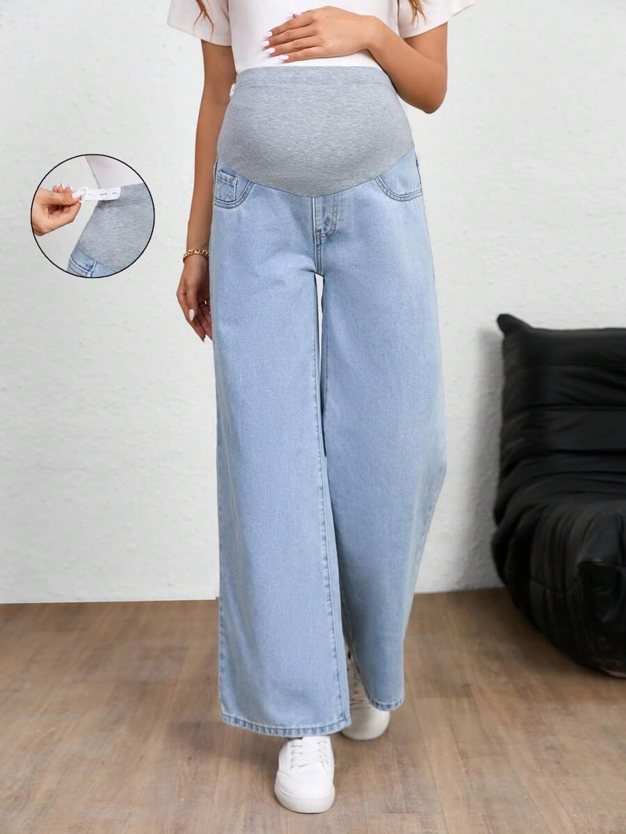 SHEIN Maternity Jeans, Solid Color, Fashion Suitable For Summer - Light Wash - View 1
