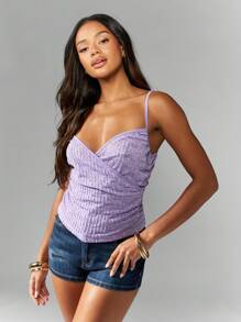 MISSGUIDED Top de tirantes con lentejuelas y encaje, envolvente, acanalado en los laterales, con tirantes ajustables, para fiestas de verano, ocasiones especiales y eventos nocturnos - Morado - Ver 1