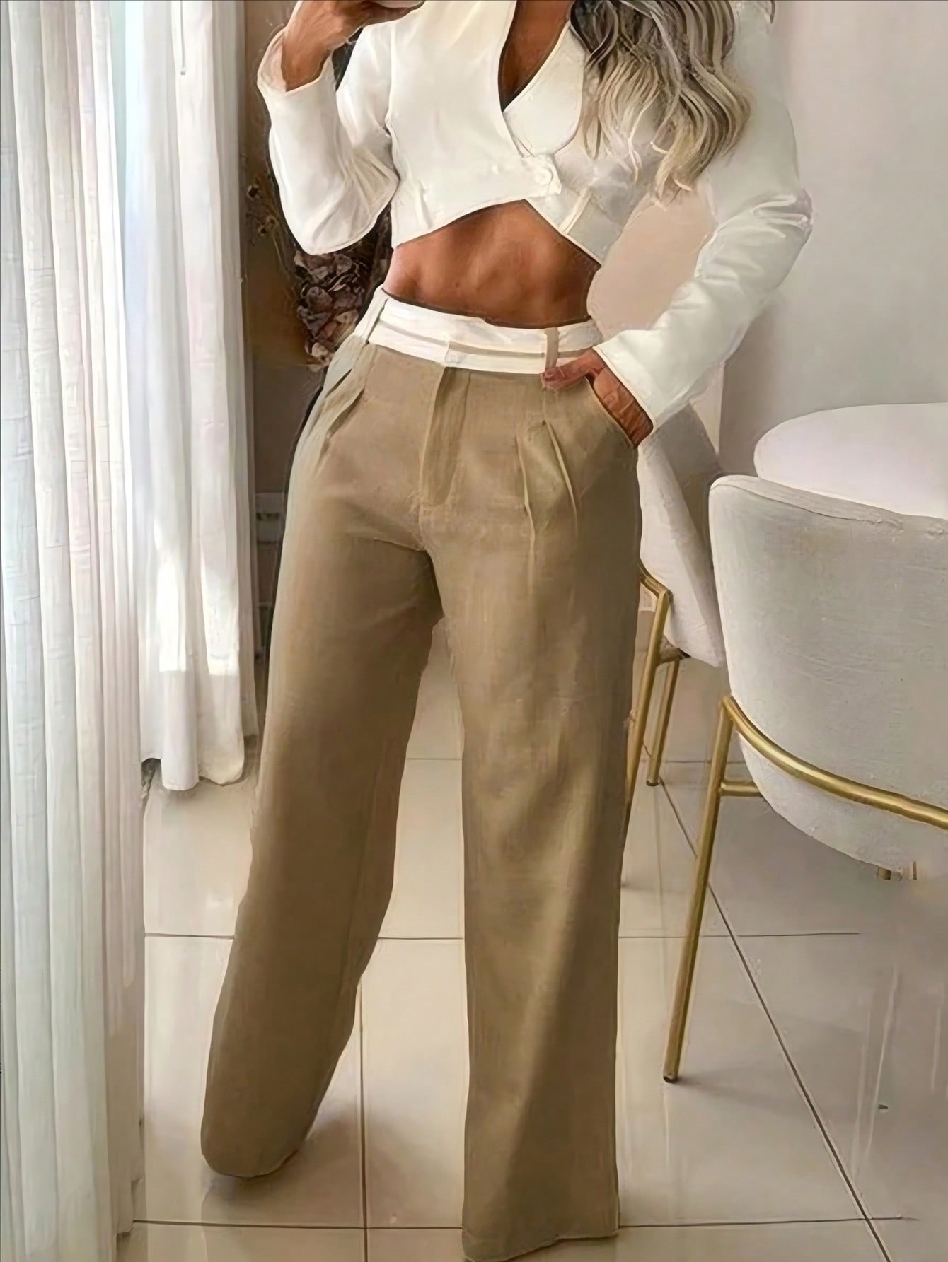 Calvaya بنطلون نسائي مستقيم بخصر عالٍ وزينة حزام و...