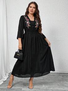 Modelyn Plus Size Women Floral Embroidery Bell Sleeve Elegant Dress,Flowy Dress Fall - Black - View 5