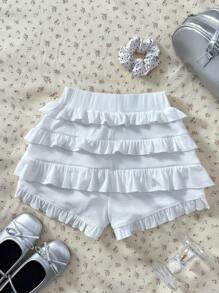 SHEIN Leap Crew Cute And Sweet Low-Waisted Layered Ruffle Trim Snug Fit Mini Shorts For Teen Girls - White - View 2