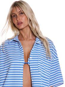 MUSERA Cute Velour Stripe Oversized Button Up Short Sleeve Shirt For Spring Summer Vacation Beach Holiday Sailored By The Sea Co-Ord Set Festival Ibiza Oversized Shirt