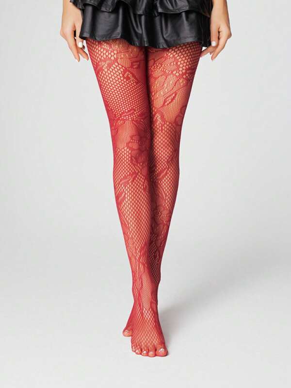 ROMWE Kawaii 1 Pair Red Leaf Lace Hollow Fishnet Socks