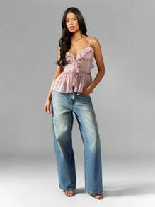 MISSGUIDED Ruffle Detail Chiffon Cami Top Summer Sleeveless Blouse Peplum Style Smocked Waist Adjustable Straps Festival Spring Party Casual Wear