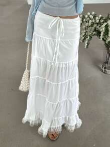 SHEIN x PRISCILA & JIMENA DAZY Fustă lungă și elegantă pentru femei, cu curea, din dantelă, albă, cu volane - alb - Vizualizare 2