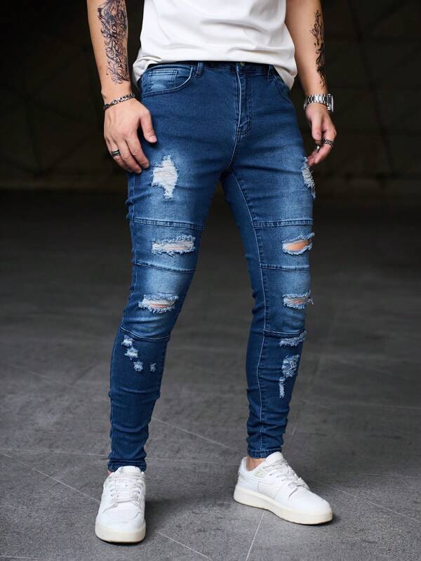Manfinity LEGND Plus Size Men Distressed Skinny Color Block Casual Denim Jeans